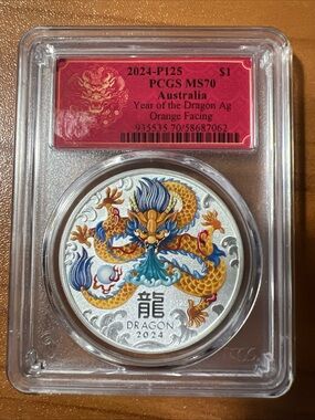 2024 1 Oz Silver $1 Australia YEAR OF THE DRAGON PCGS MS70 Colorized